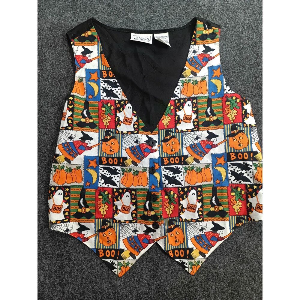 Vintage 90s Basic Editions Halloween Patchwork Print Vest Pumpkins Witches BOO M